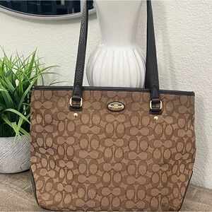 Coach Signature Brown and Tan Shoulder Tote Bag